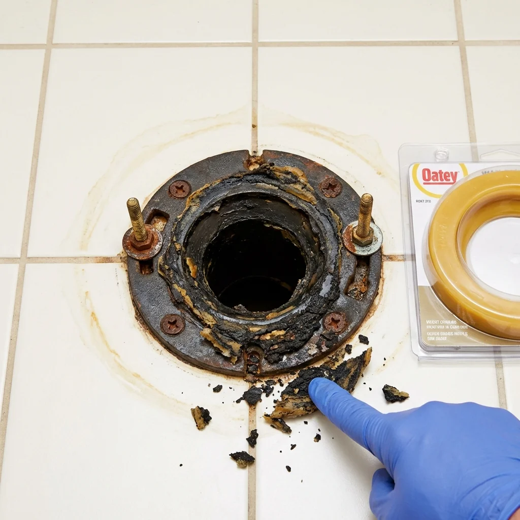 Failed wax ring showing water seepage at the base of a toilet in a Clayton, NJ home