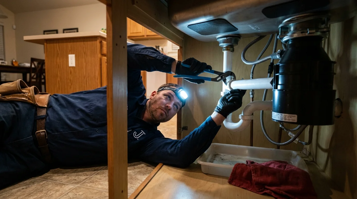 P-trap and supply line connections under a kitchen sink showing a common leak point in Clayton, NJ